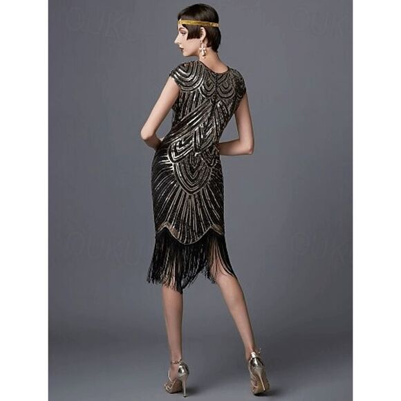 ✨ Flapper Great Gatsby 1920s Retro Tassel Fringe Gold Sequin Dress SIZE XL NEW - Picture 3 of 15